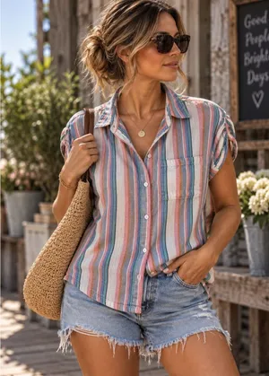 Orvis Linen Blend Shirt L Pastel Stripe Coastal Grandmother Cap Sleeve thumbnail 1