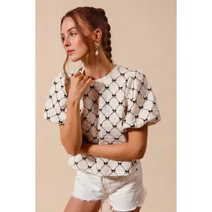 SO ME Bow Texture Woven Bubble‎ Sleeve Top - Ivory - Large thumbnail 9