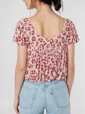Free People Pink Leopard-Print Smocked Crop Top thumbnail 2