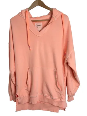 Aerie Bleached Neon Peach V-Neck Drawstring Hoodie Sweatshirt Kangaroo pocket S thumbnail 1