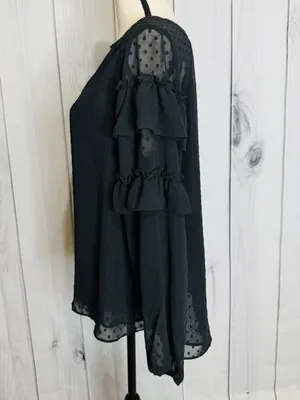LOFT Black Ruffle Blouse Sz M Semi Sheer Long Sleeve Textured Polka Dots thumbnail 4