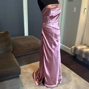 Women’s Pink One Shoulder Satin Dress Mermaid Fit Leg Slit Corset Size 8 *READ thumbnail 3