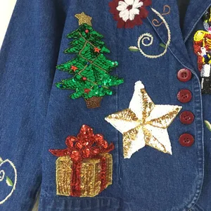 Christmas Sequin Patches Denim Blazer Size L thumbnail 5