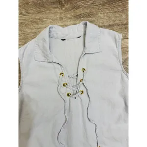 Minimalist Linen Blend Womens Tunic Top Size M Light Blue Lace Up Sleeveless‎ thumbnail 6