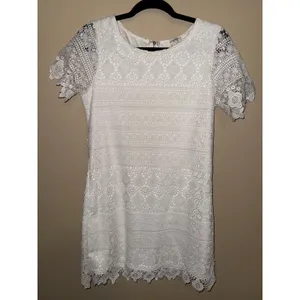 Umgee‎ White Floral Crochet Lace Short Sleeve Shift Mini Dress Women S Bridal thumbnail 2