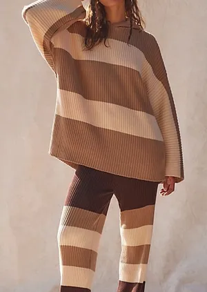 Free People Beach NWT Kami Hooded Sweater Set Womens Small Brown/Cream Oversized thumbnail 1