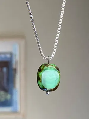 Handmade stainless steel chain & green Picasso Czech glass bead chic vintage retro style simple necklace💚 thumbnail 2