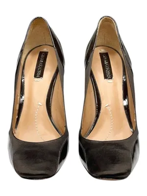 BCBG MaxAzria 𑁍 Shiny Patent Leather + Satin Pumps Carved Heels 𑁍 Cocoa 8.5 𑁍 thumbnail 8