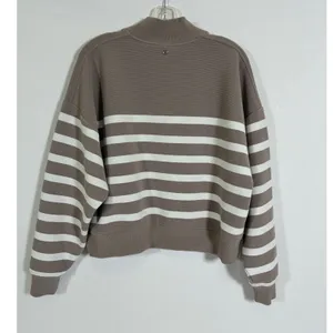 CALIA Womens M Taupe White Striped Mock Neck Cropped Pullover Sweatshirt thumbnail 8