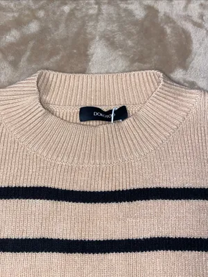 Dokotoo Striped Crewneck Sweater tan and black stripes oversized fit thumbnail 6