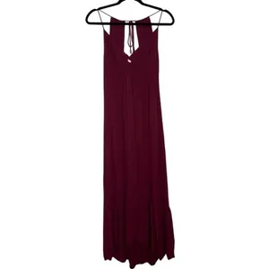 Burgundy Open Back Maxi Dress‎ V-Neck Twist Front Ruffle Hem Wine Boho Summer thumbnail 4