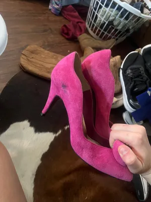 Pink suede heels with rose detail thumbnail 6