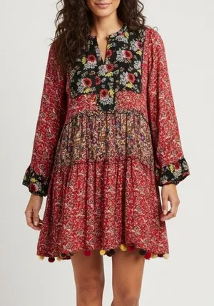 Zara Floral Patchwork Tiered Pompom Semi Sheer Peasant Mini Dress M Black Red thumbnail 1