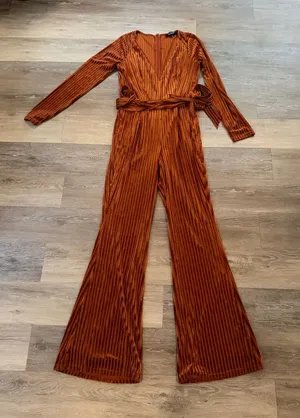 Striking a Pose Rust Orange Velvet Striped Long Sleeve Jumpsuit Size Small thumbnail 1
