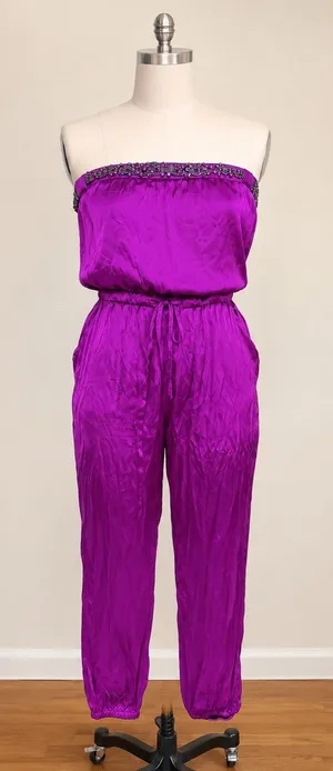 Bebe Purple Strapless Satin Jumpsuit Beaded Tube Jogger Size 00 Glam Party thumbnail 1
