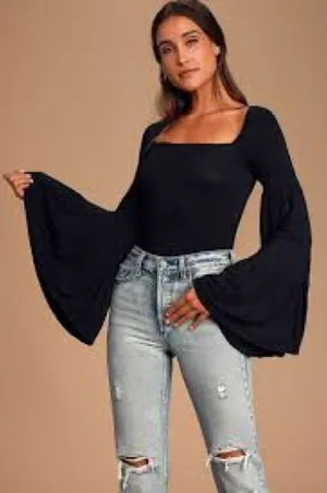 Free People Black Long Sleeve Top Babetown Black Bell Sleeve Size Small thumbnail 1