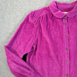 LOFT Magenta Corduroy Button Down Top Womens Medium Peter Pan Collar Puff Shoule thumbnail 3
