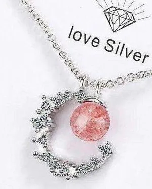 925 crescent strawberry crystal necklace women's high-end light luxury 2023 new style peach blossom clavicle chain ins lettering thumbnail 11