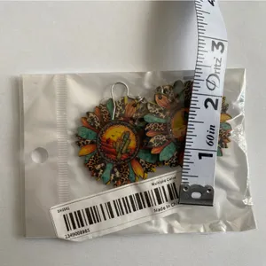 Sunflower shaped pendant drop‎ leopard pattern wooden hook earrings thumbnail 12