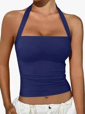 REORIA Blue Stretchy Cropped Halter Top Summer Sleeveless Y2K Size Large thumbnail 1