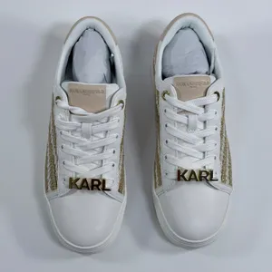 Karl Lagerfeld Paris Size-7 Cate Lace Up Sneaker White Gold Woven thumbnail 9