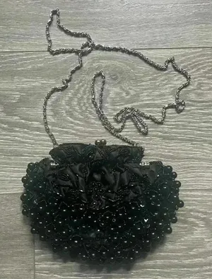 Vintage Style Black 20s Flapper Beaded Bag Removable Silver Strap Costume Party thumbnail 1