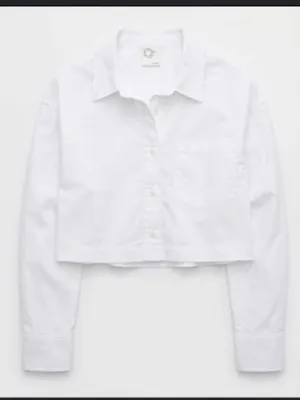 NWOT Offline by Aerie Cropped Button Down Long-Sleeve Shirt in White thumbnail 1