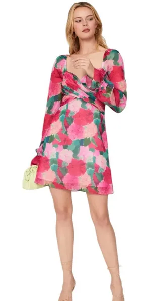 Louna- Floral Pink Multi Long-Sleeve Cut-Out Mini Dress Size Medium thumbnail 1