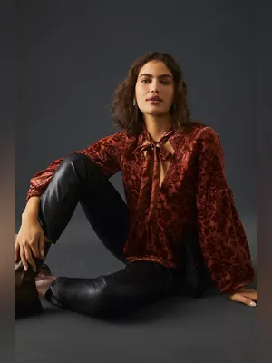 Anthropologie Rust Floral Velvet Tie-Neck Long Sleeve Peplum Blouse Size Medium thumbnail 2