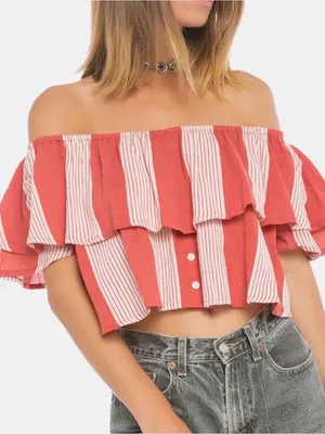 Faithfull the Brand Salerno 100% Cotton Ruffle Sleeve Striped Off Shoulder Top thumbnail 1