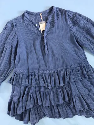 NWT Free People Sachi Denim Blue‎ Boho Cottage Ruffle Cotton Mini Dress thumbnail 5