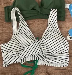 NWT Cupshe Olive Green and Striped Twist Front Bikini Top Size Medium thumbnail 1