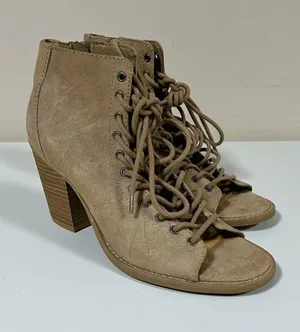 Beige Tan Suede Lace-Up Open-Toe Heels Pumps Sandals Shoes Size 9 🤎✨ thumbnail 1