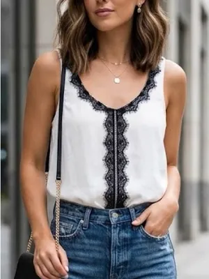 Aerie White and Black Lace Trim Tank thumbnail 1