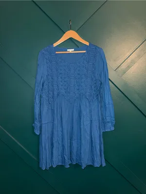 Jodifl Royal Blue Embroidered Boho Babydoll Tunic Dress Long Sleeve Flowy Mini thumbnail 3