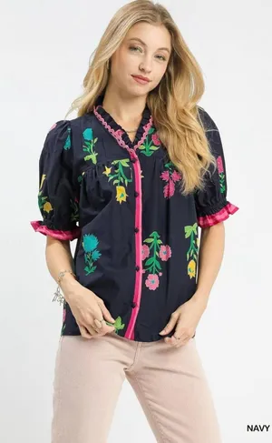 Umgee‎ Petal Parade Print Button-Down Blouse - Navy - Medium thumbnail 1