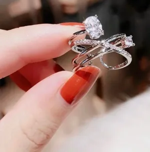 18K White Gold Plated Adjustable Crystal Open Ring for Women thumbnail 1