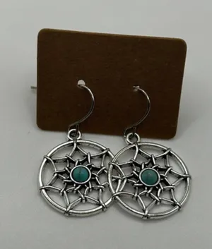 Southwestern Faux Turquoise Dreamcatcher Dangle Earrings Silver Tone thumbnail 1
