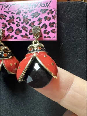 Betsey Johnson Ladybug Dangle Earrings Red Black Goldtone thumbnail 2