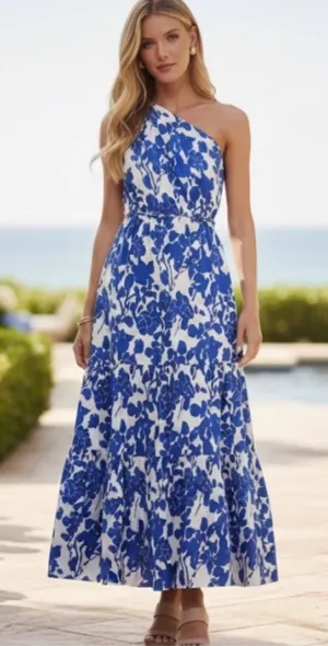Hyacinth House Sybil Maxi Dress XXS Blue Floral One Shoulder Cotton Lined NWT thumbnail 1