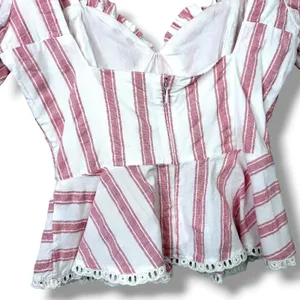 Tularosa Brinley Red White Stripe Eyelet Puff Sleeve Sweetheart Peplum Top XS thumbnail 5