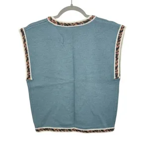Russ Petites Blue Sweater Vest Women's Size S Floral Motif Leopard Trim‎ Knit thumbnail 2