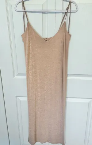 ZARA Nude slinky metallic maxi dress LARGE thumbnail 1
