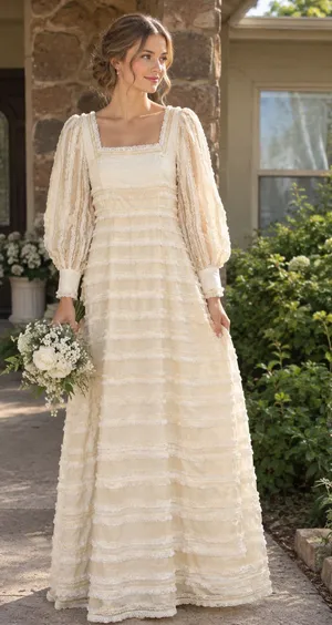 vintage 70s pale yellow maxi dress sheer ruffled tiers and long puff sleeves thumbnail 1