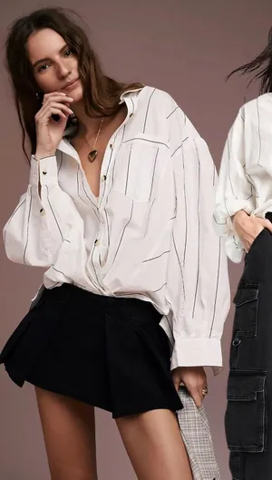 Free People Oversized Happy Hour Stripe Button Down Top White Black Small Preppy thumbnail 1