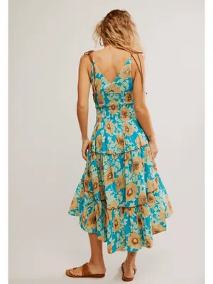 NWT Free People Adriel Hawaiian Ocean Combo Blue Floral‎ Boho Tiered Midi Dress thumbnail 2