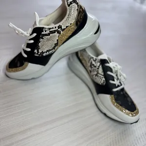 Steve Madden Cliff Barra Fashion Wedge Sneakers Black Gold Multi Lace Sequin thumbnail 7