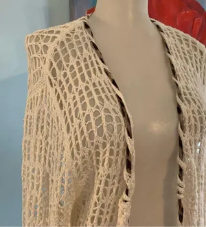 Katie Todd Weave Crochet Cardigan Boho Sz M Medium Cover Up White Ribbon Trim thumbnail 8