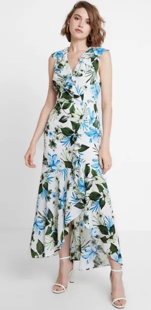 Banana Republic Sleeveless Ruffle Wrap Maxi Dress in Floral - Size 0 Petite thumbnail 1