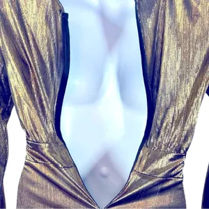 Lulu’s Metallic Gold Faux Wrap Asymmetrical Party Dress Semi Sheer Small Glam thumbnail 8